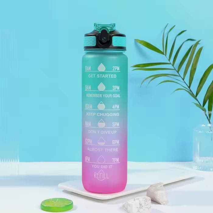 DFIT 1L motivational bottle — teal-to-pink gradient variant with time markers